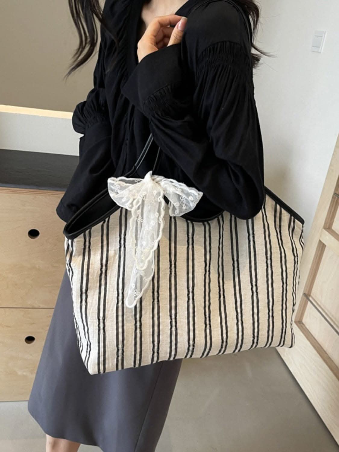 Stylish striped canvas tote bag - Love Salve