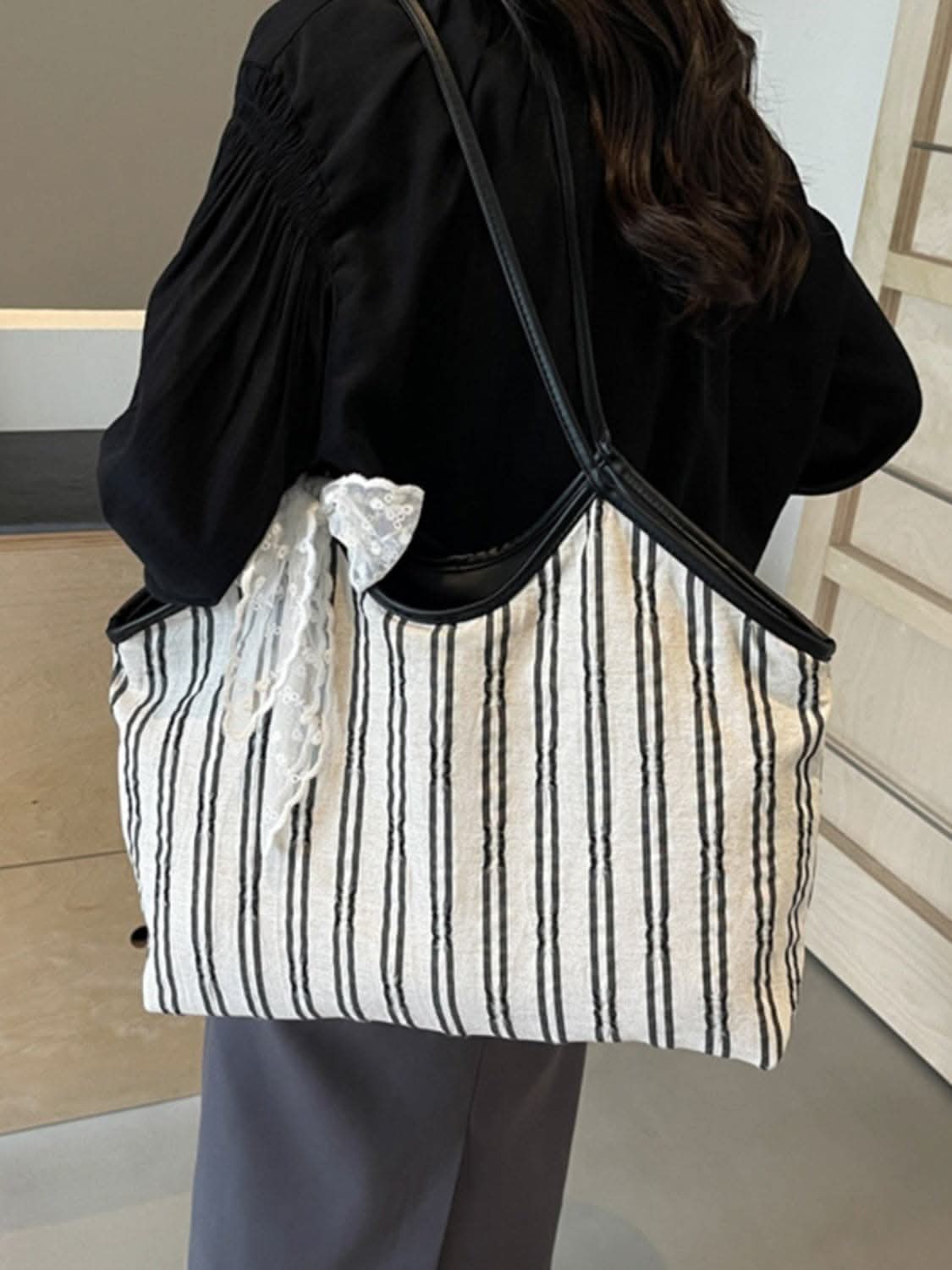 Stylish striped canvas tote bag - Love Salve
