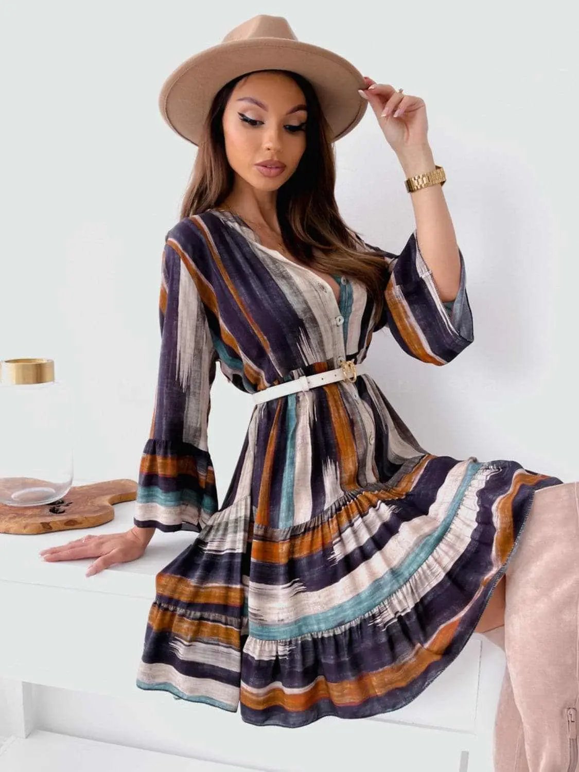 Chic striped mini dress, long sleeves - Love Salve