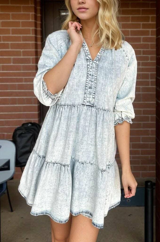 Denim Vibe V-Neck Mini Dress with Half SleevesDenim Vibe V-Neck Mini Dress with Half Sleeves
Step into style with our Denim Vibe V-Neck Mini Dress with Half Sleeves, the ultimate blend of chic design and comforLove Salve -Neck Mini Dressjeans