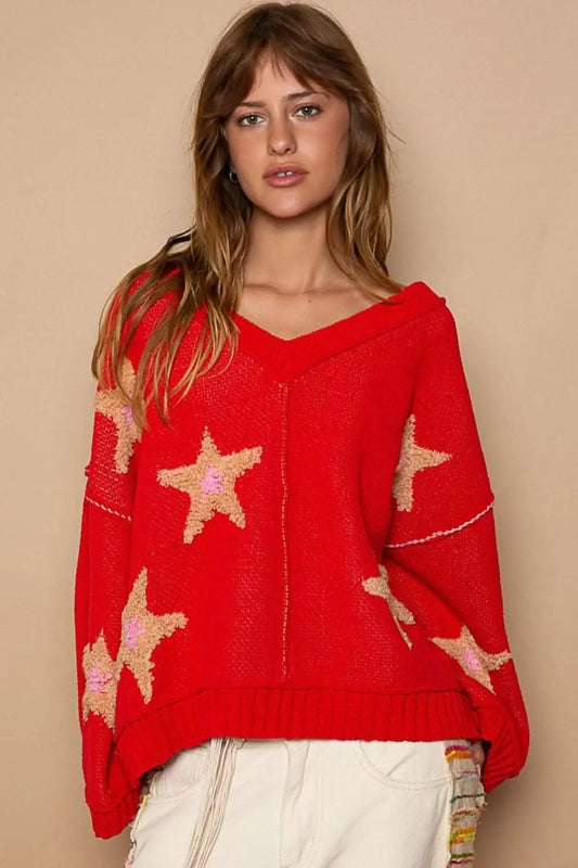 V-neck star patch sweater for women - Love Salve