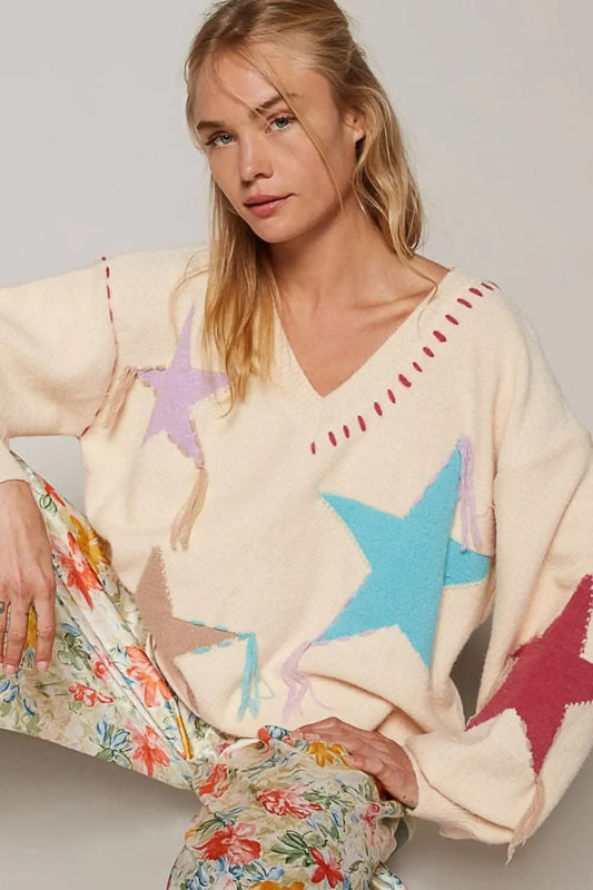 Starry fringe v-neck sweater - Love Salve