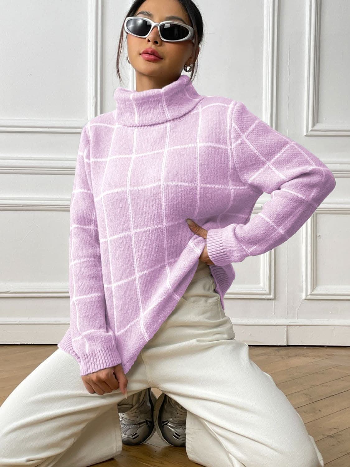 Cozy plaid turtleneck sweater - Love Salve