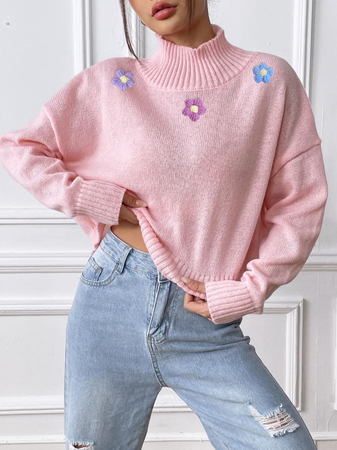 Floral turtleneck sweater - soft, stylish - Love Salve
