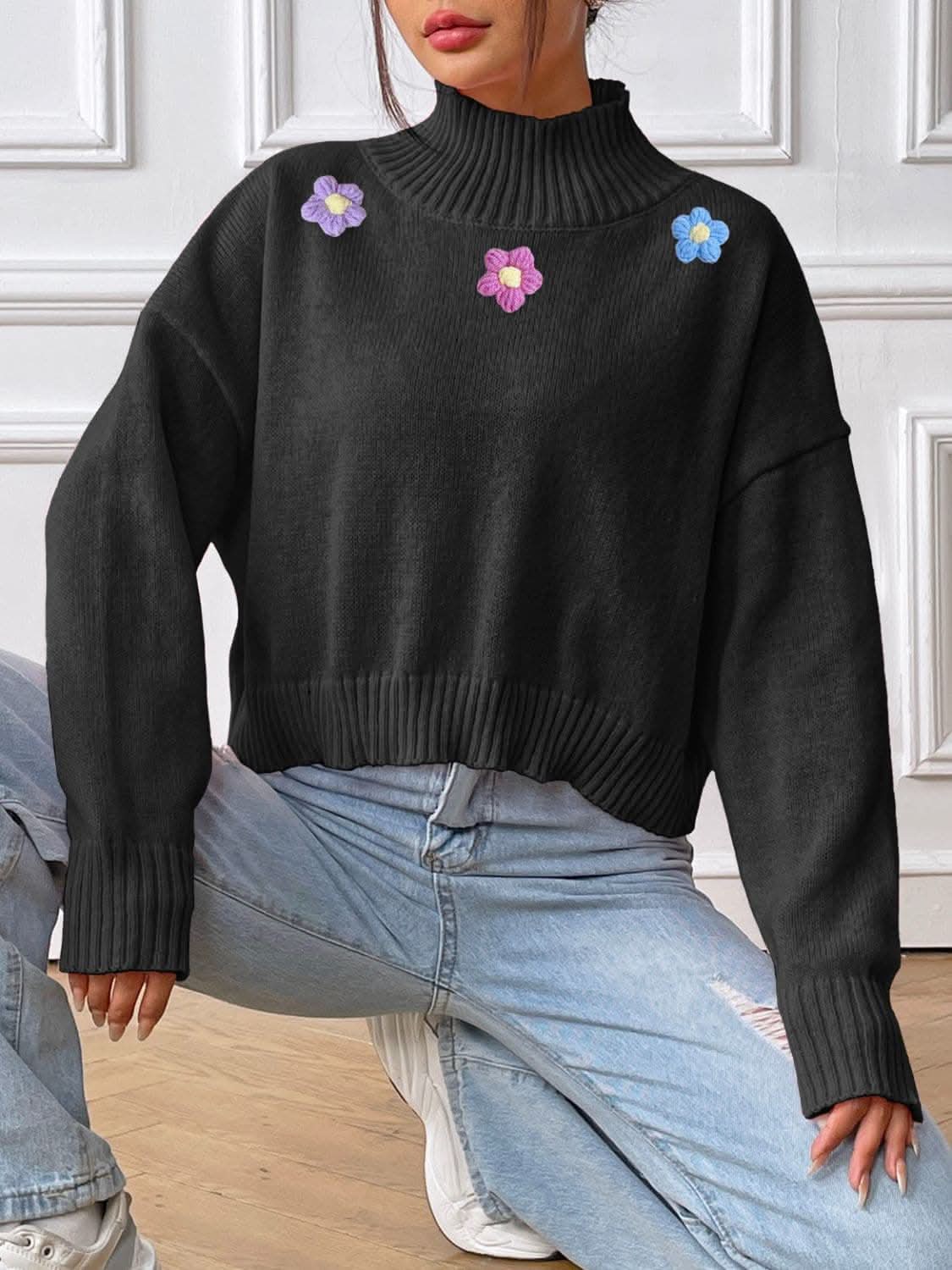 Floral turtleneck sweater - soft, stylish - Love Salve