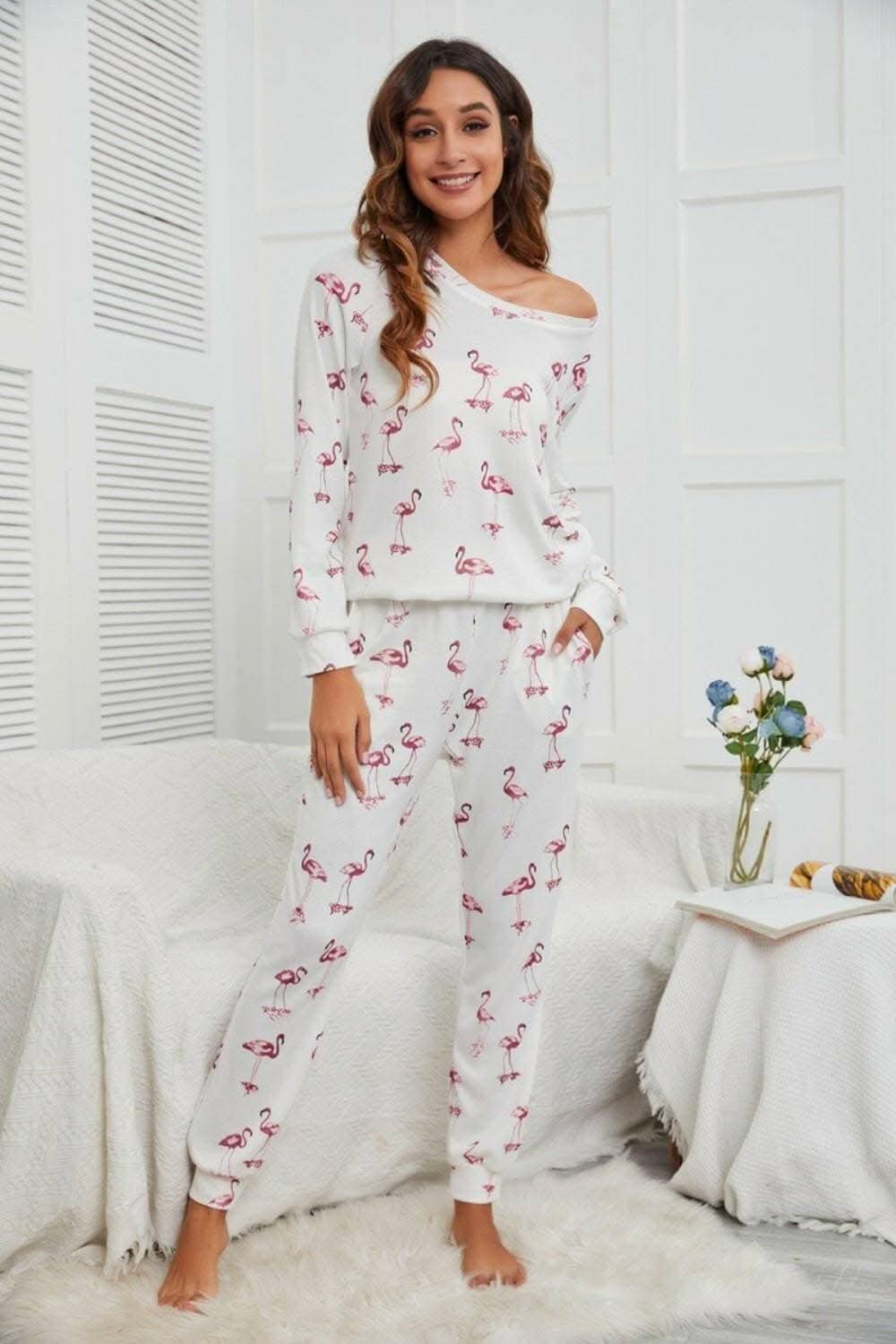Flamingo Cozy Lounge Set with Long Sleeve Top and Pants - A Stylish Loungewear Ensemble - Love Salve