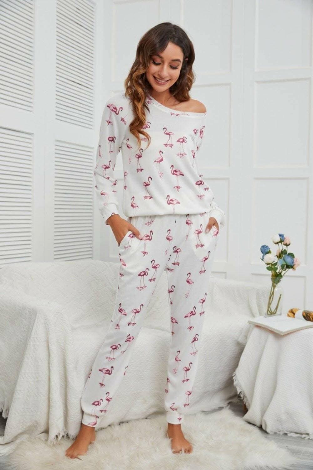 Flamingo Cozy Lounge Set with Long Sleeve Top and Pants - A Stylish Loungewear Ensemble - Love Salve