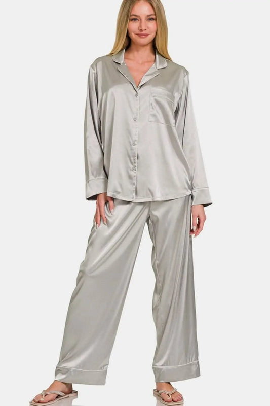 Zenana satin pajama set - long sleeves, luxe comfort - Love Salve