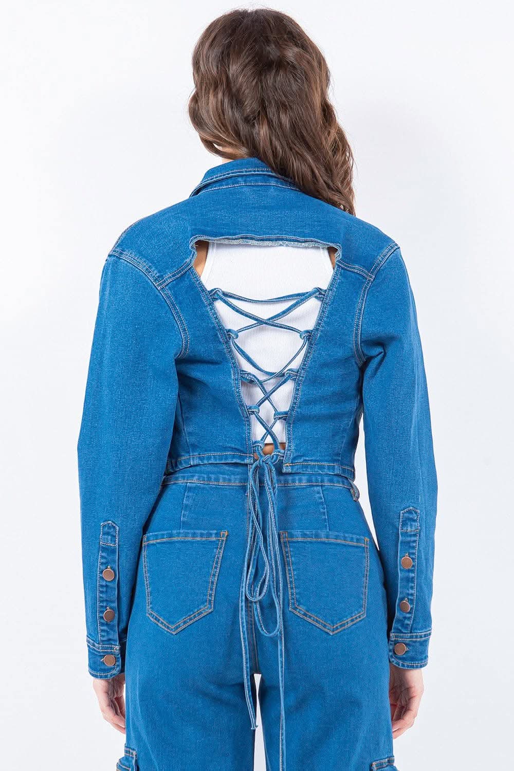 Laced back cropped denim jacket - Love Salve