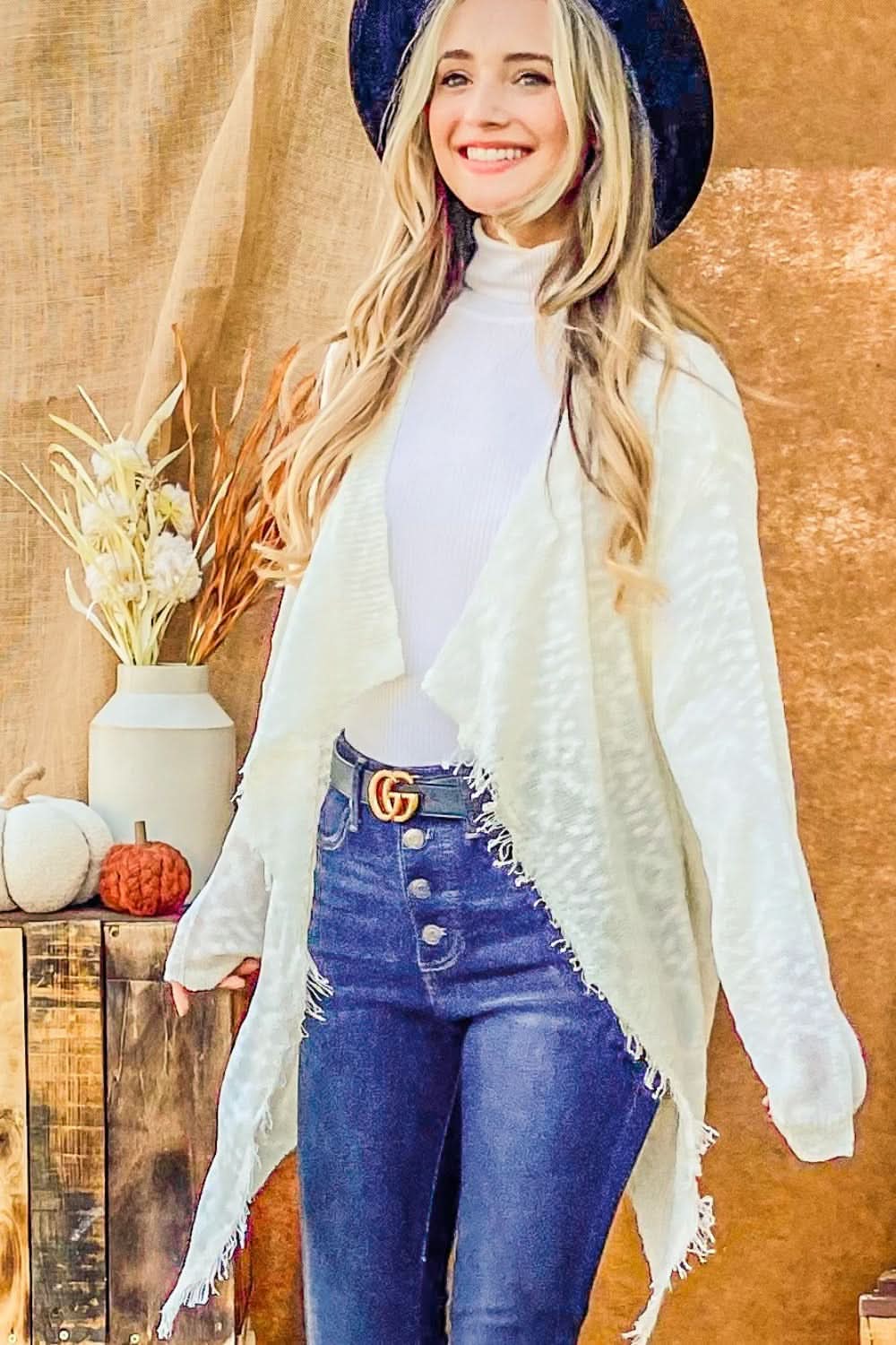 Textured knit fringe cardigan - Love Salve