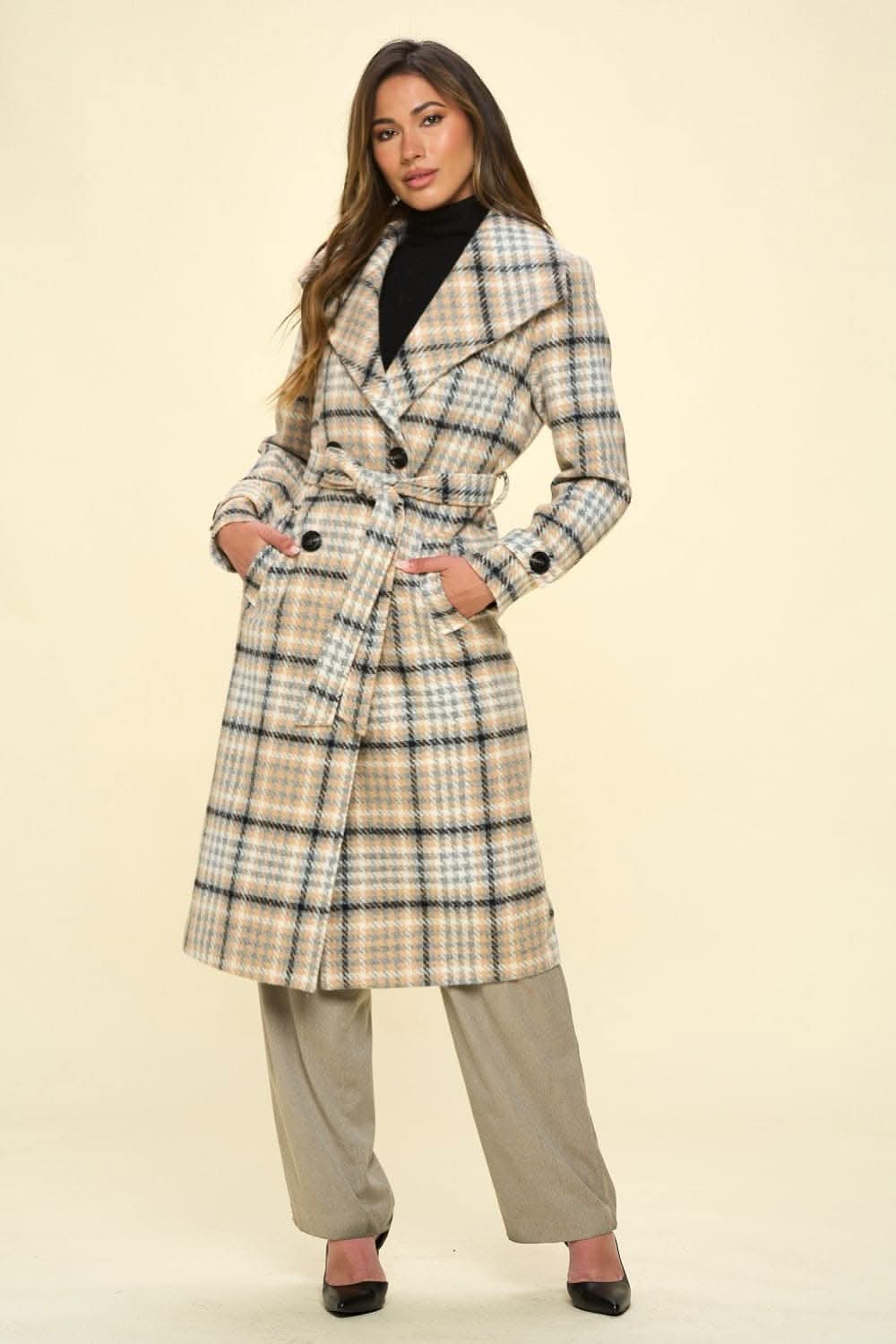 Coalition LA Double-Breasted Plaid Coat with Belt - Love Salve