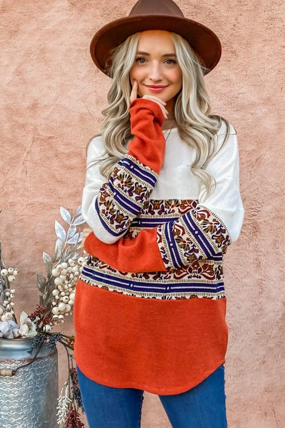 Ethnic print color block top - Love Salve