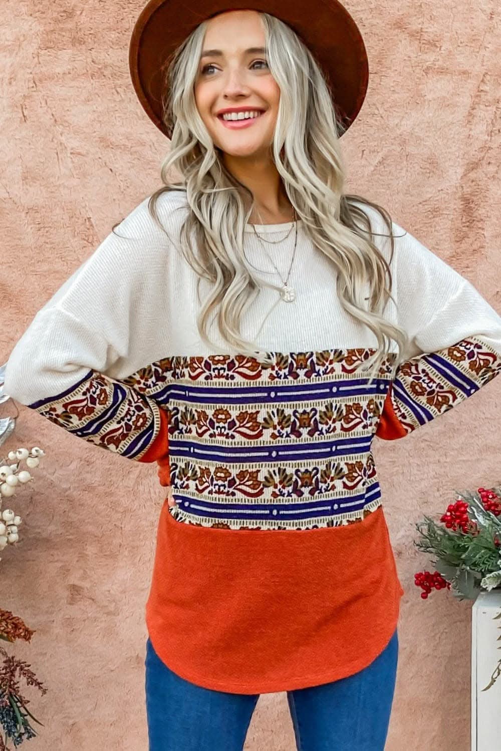 Ethnic print color block top - Love Salve