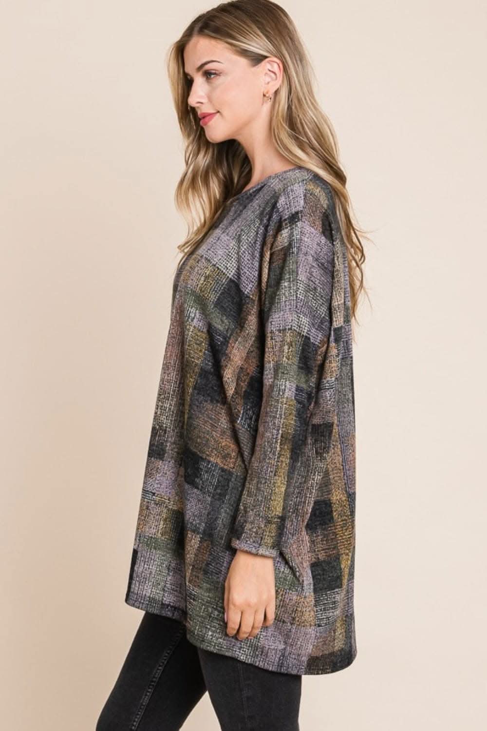 BOMBOM Plaid Round Neck Long Sleeve Top - Love Salve