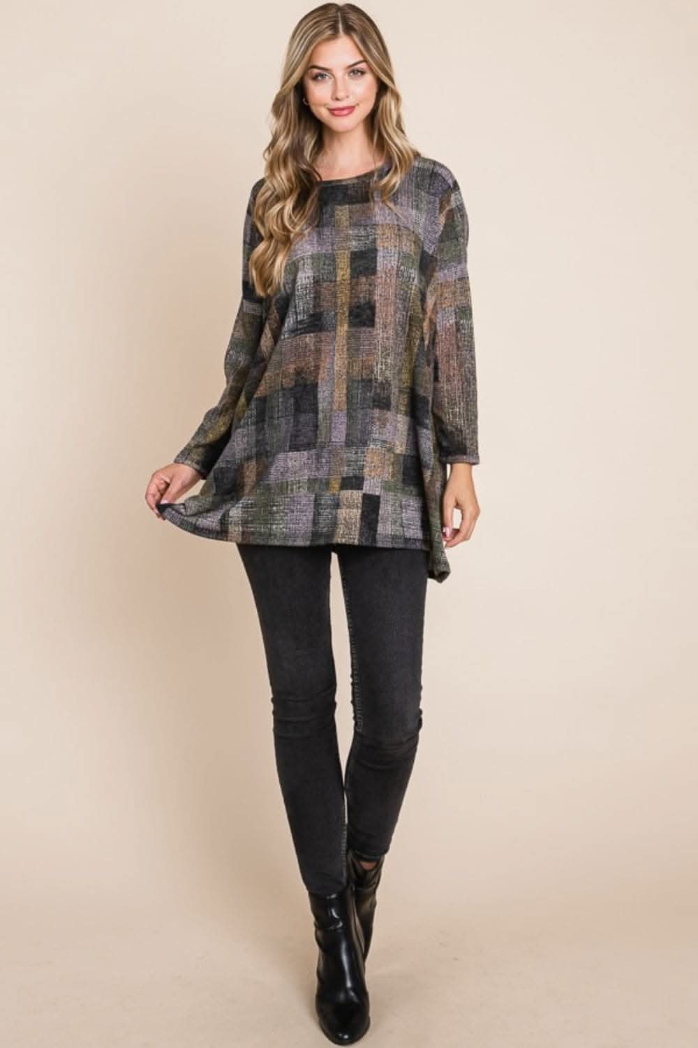 BOMBOM Plaid Round Neck Long Sleeve Top - Love Salve