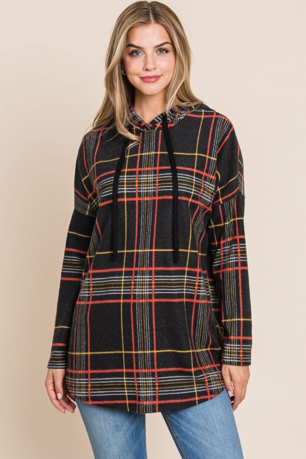 Plaid drawstring hoodie for comfort - Love Salve