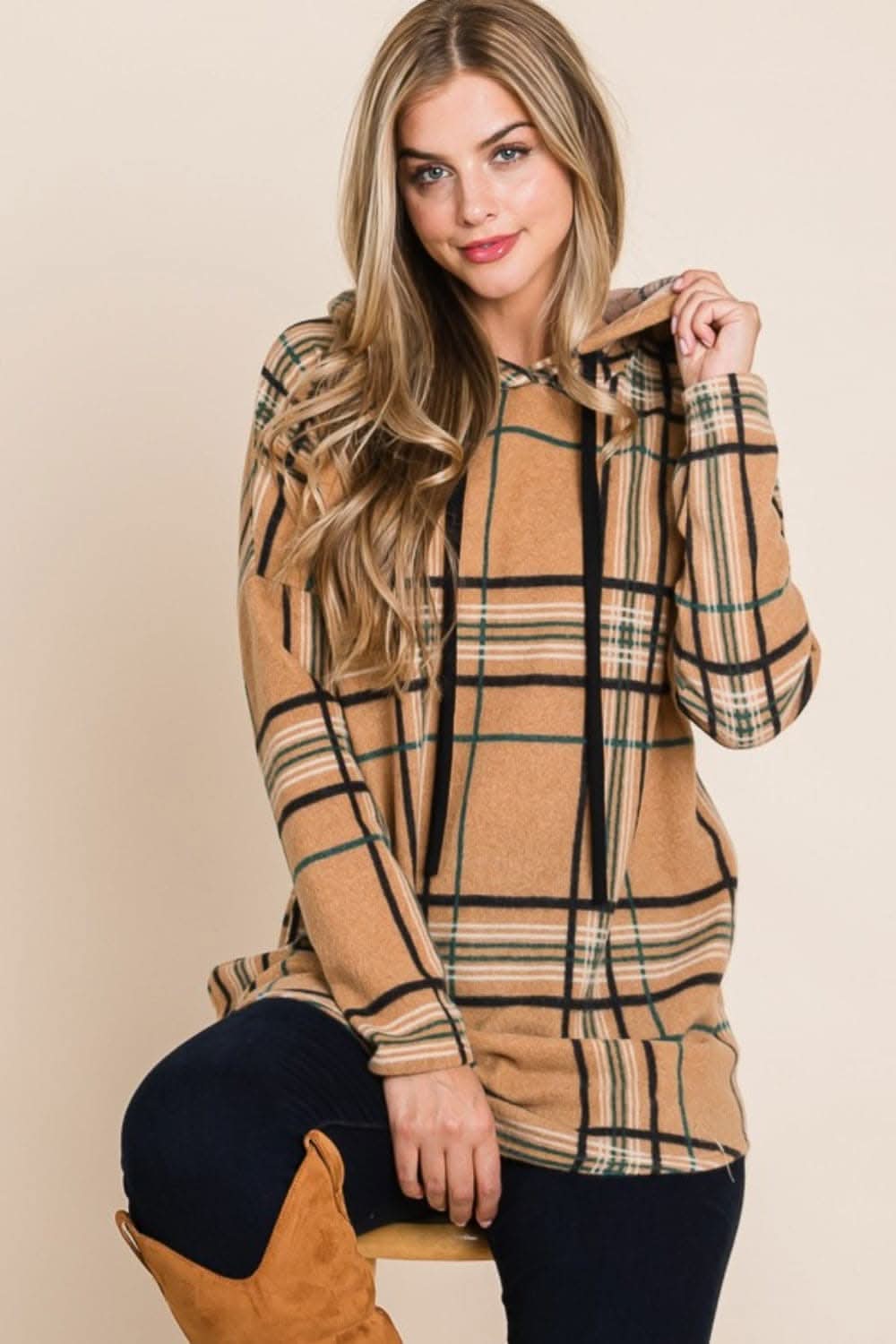 Cozy plaid drawstring hoodie for a trendy look - Love Salve