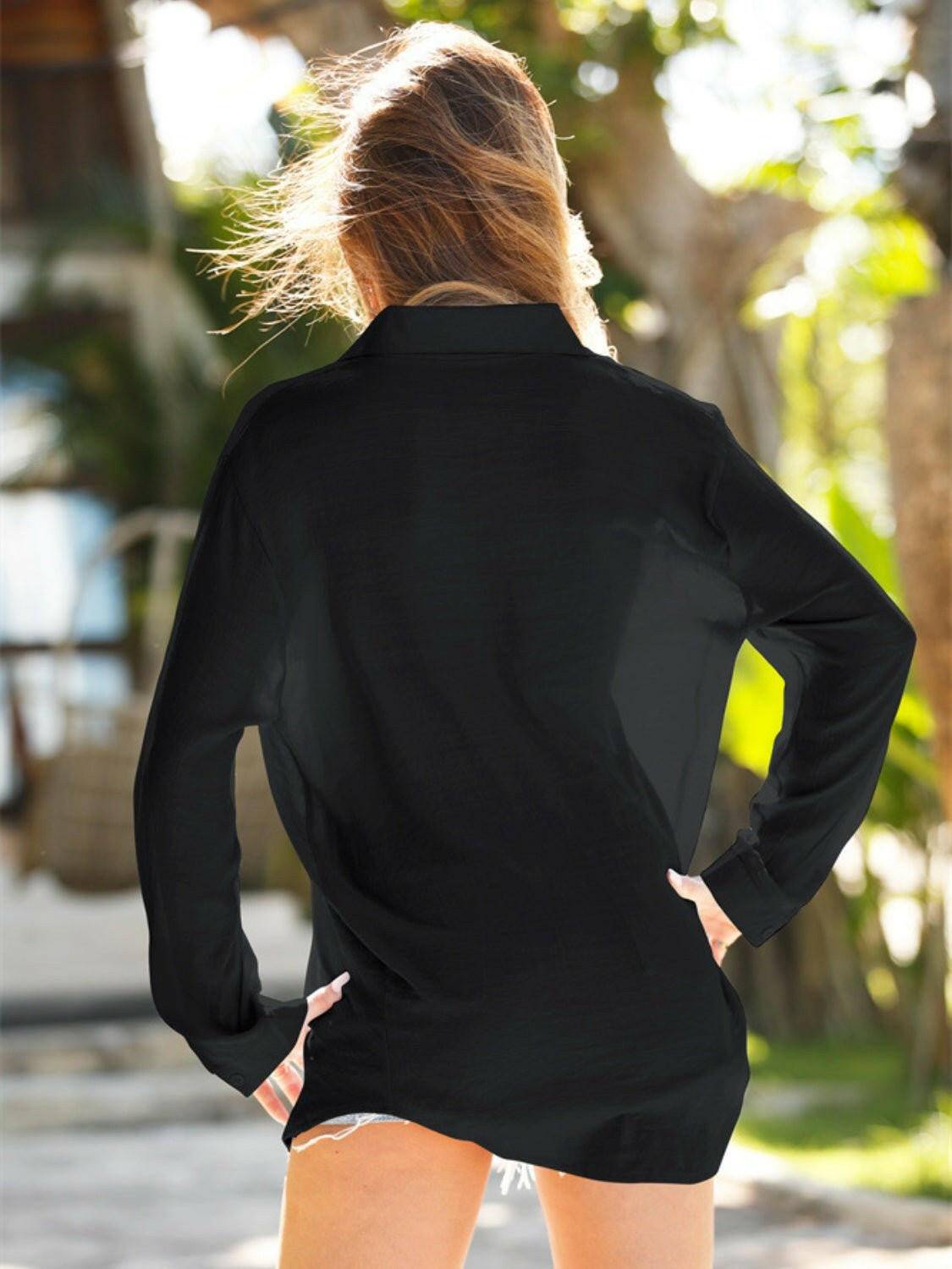 Pocketed Dropped Shoulder Button-Up Cover Up for Effortless Style - Love Salve