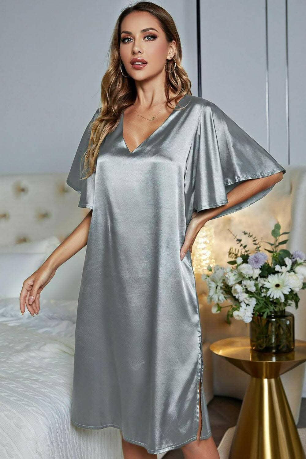 Satin v-neck nightgown with flutter sleeves - Love Salve