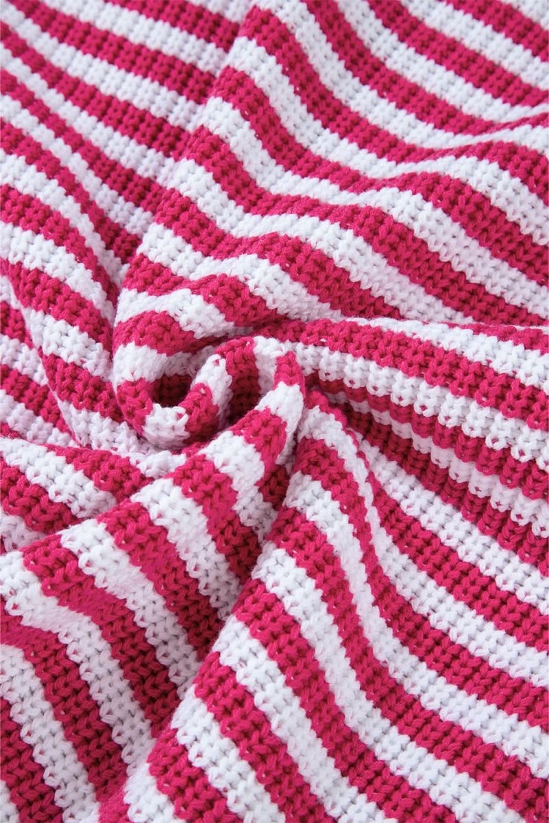 Trendy Pink Striped Zip - Up High Neck Sweater with Drop Shoulders - Love Salve