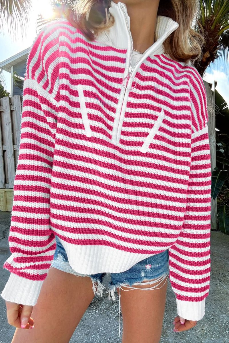 Trendy Pink Striped Zip - Up High Neck Sweater with Drop Shoulders - Love Salve