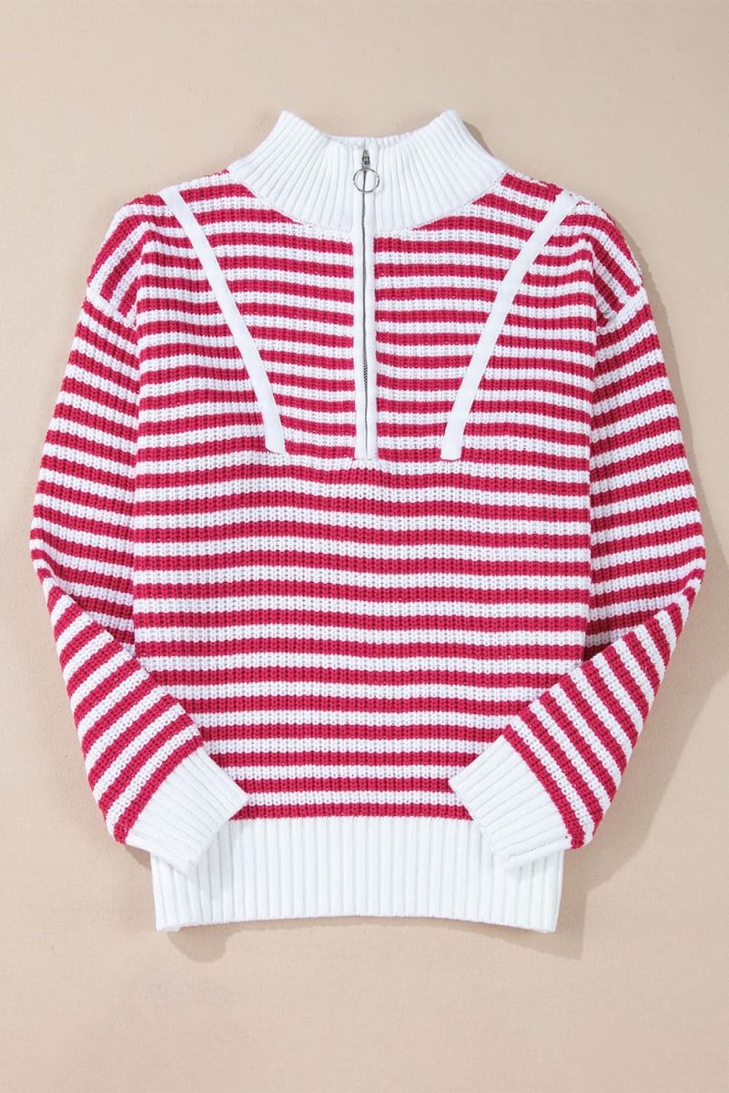 Trendy Pink Striped Zip - Up High Neck Sweater with Drop Shoulders - Love Salve