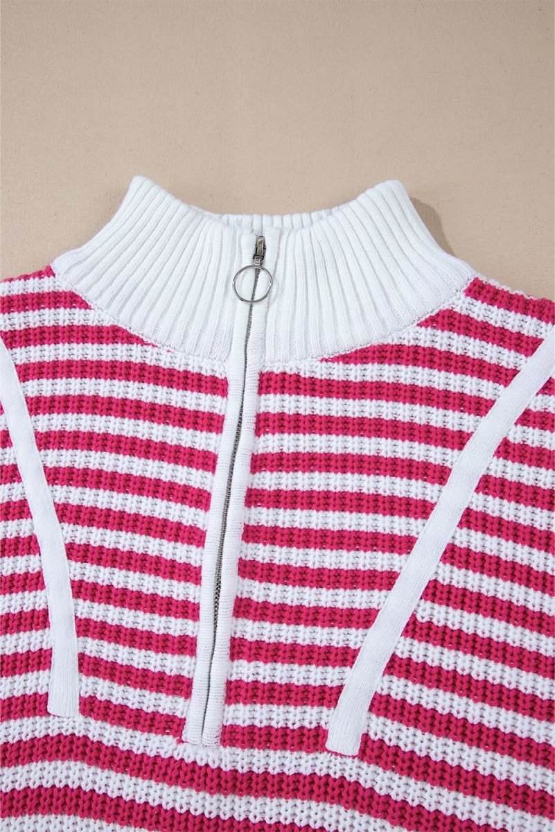 Trendy Pink Striped Zip - Up High Neck Sweater with Drop Shoulders - Love Salve