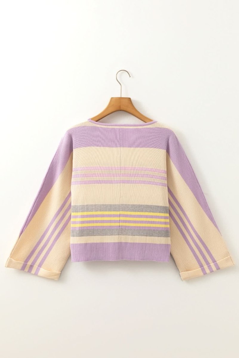 Trendy Purple Striped Dolman Sleeve Rib Knit Sweater with Cuffed Detail - Love Salve