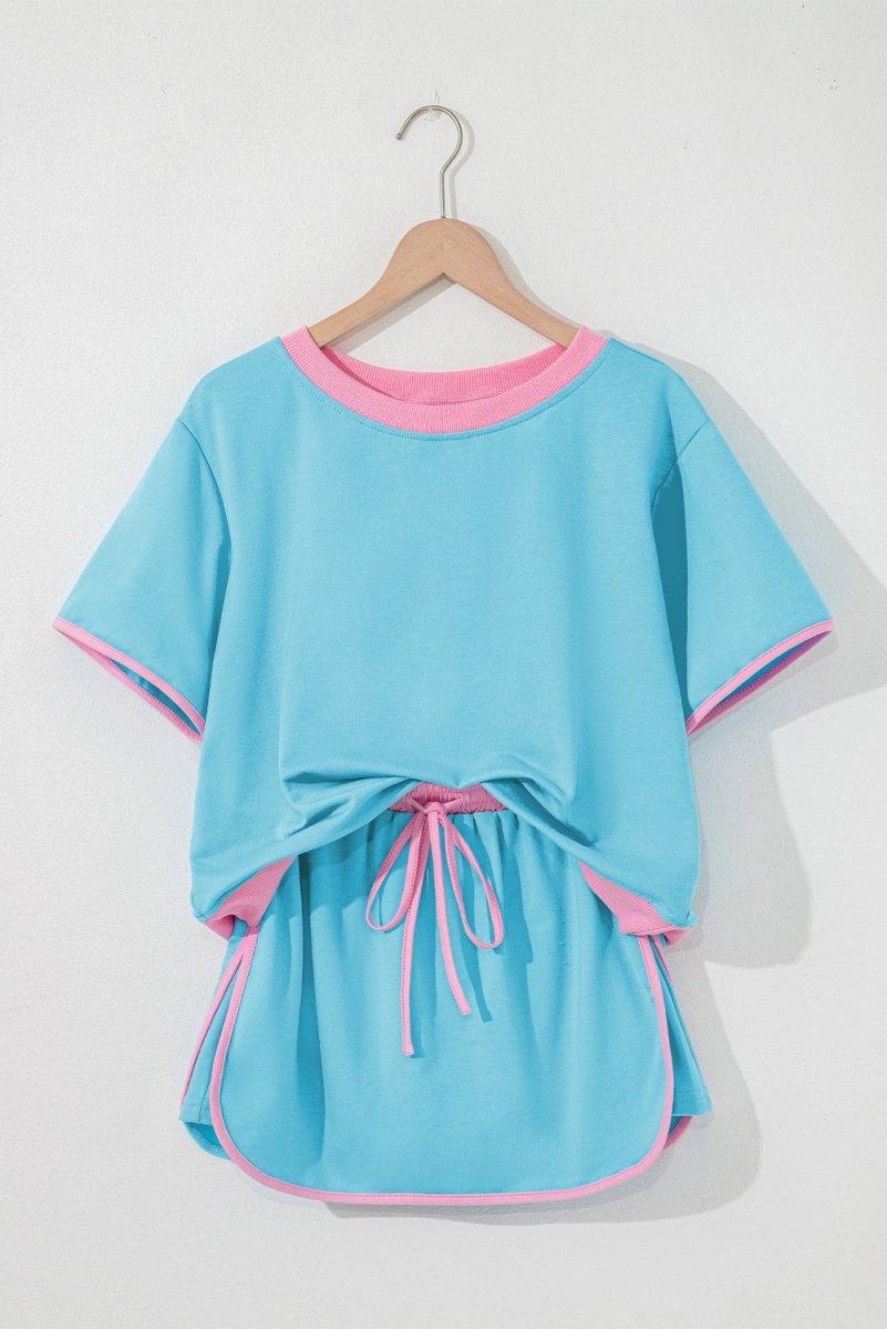Turquoise Colorblock Edge Drop Shoulder T Shirt and Skort Set - Love Salve