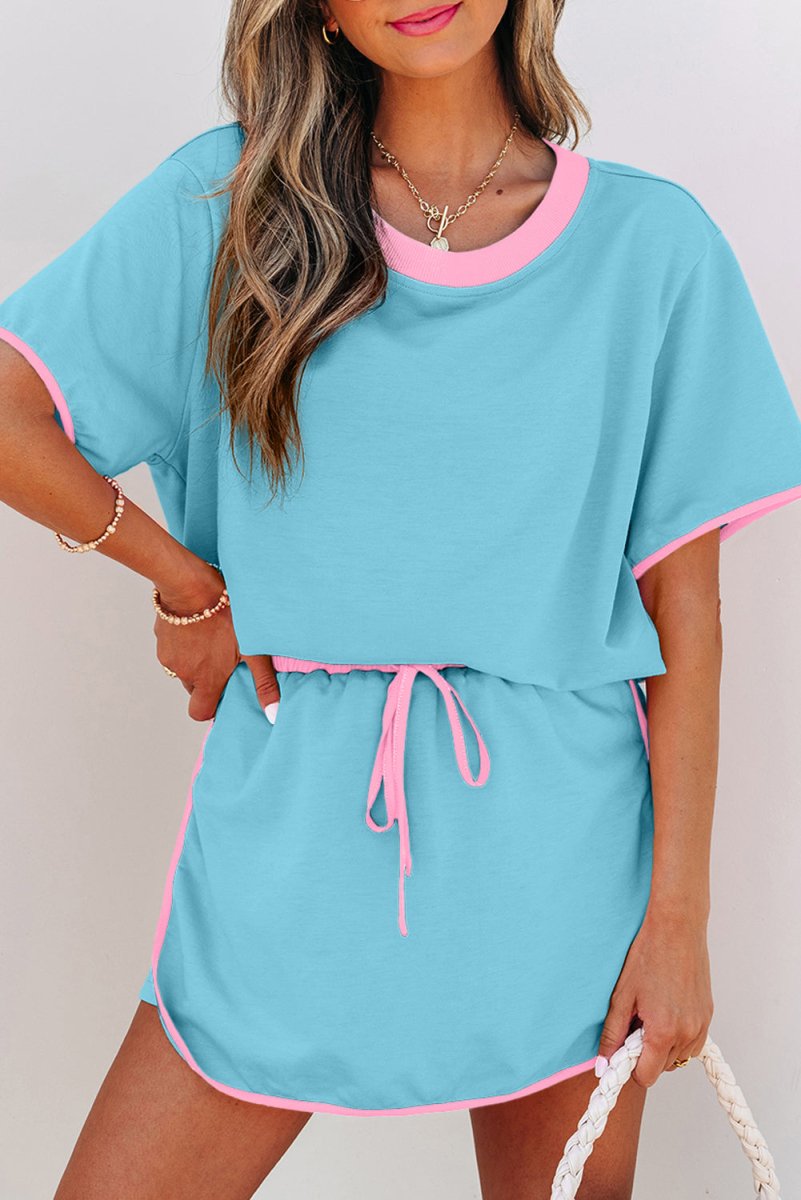 Turquoise Colorblock Edge Drop Shoulder T Shirt and Skort Set - Love Salve