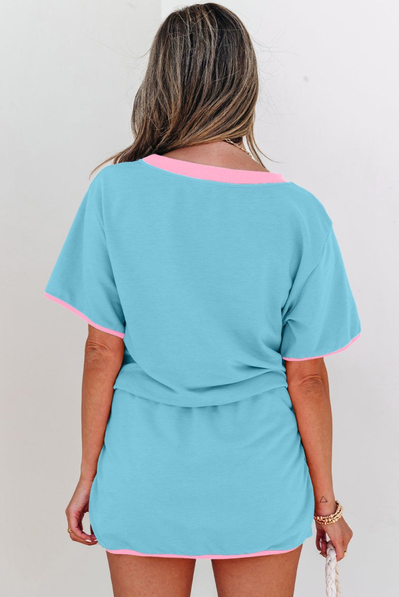 Turquoise Colorblock Edge Drop Shoulder T Shirt and Skort Set - Love Salve