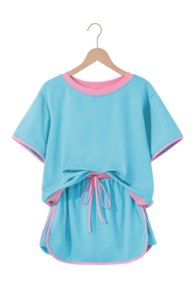 Turquoise Colorblock Edge Drop Shoulder T Shirt and Skort Set - Love Salve