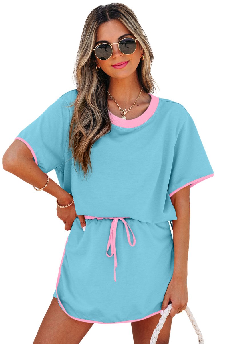 Turquoise Colorblock Edge Drop Shoulder T Shirt and Skort Set - Love Salve