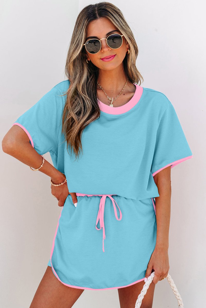 Turquoise Colorblock Edge Drop Shoulder T Shirt and Skort Set - Love Salve
