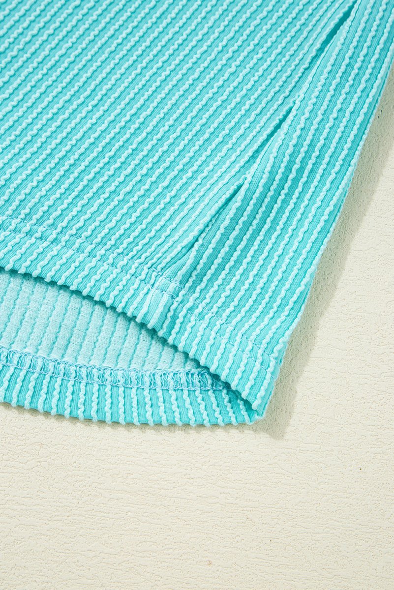 Turquoise Corded Colorblock Buttons Henley T Shirt for Women - Love Salve