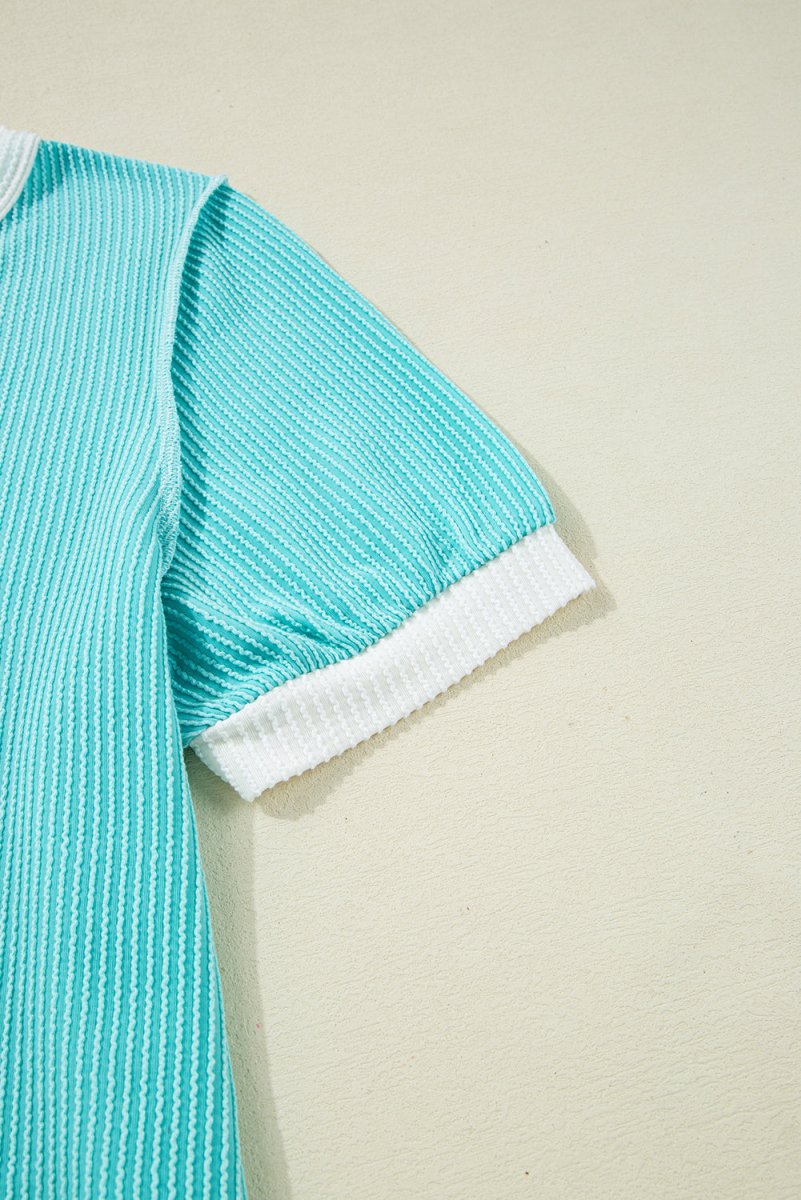 Turquoise Corded Colorblock Buttons Henley T Shirt for Women - Love Salve