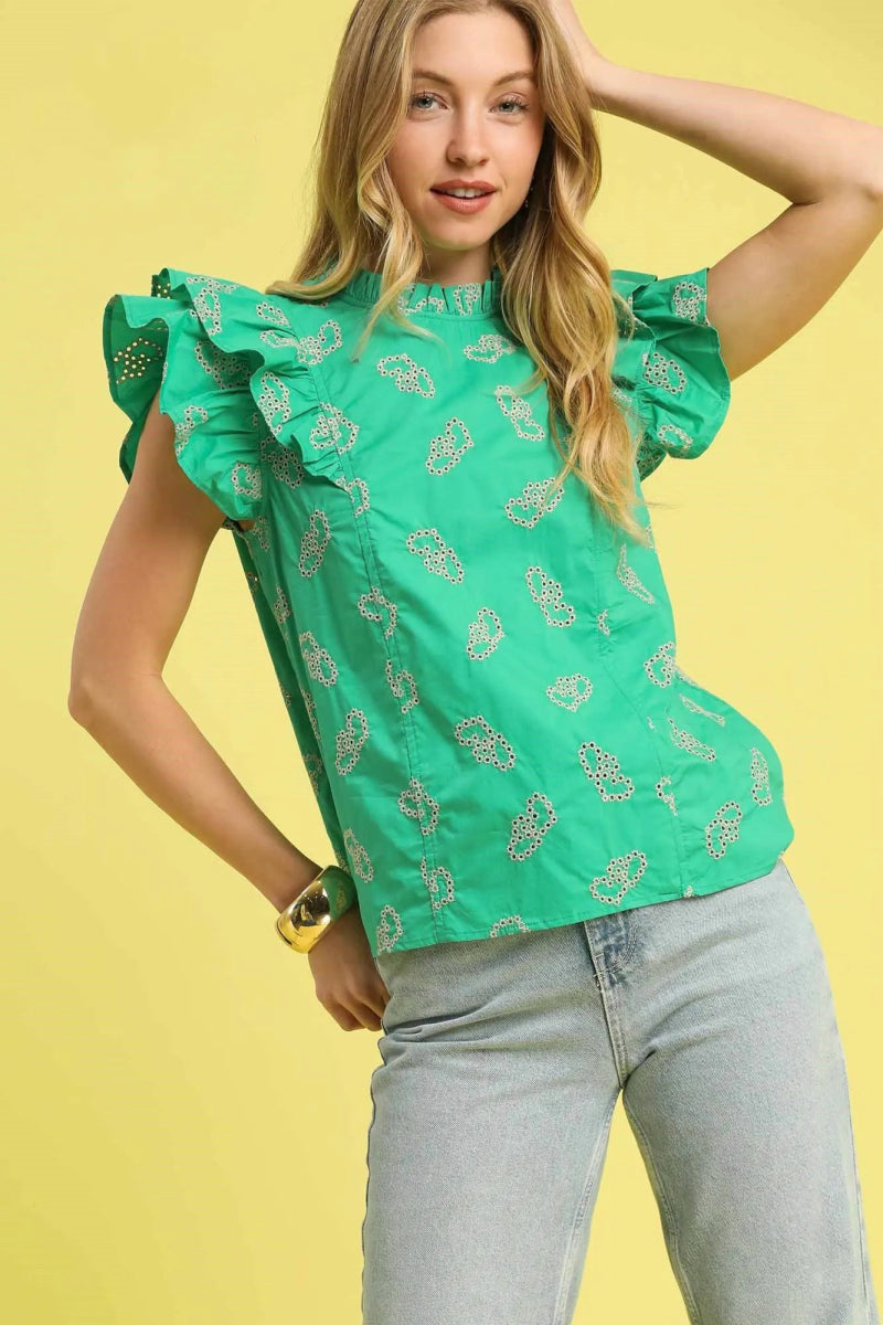 Umgee Eyelet Ruffle Cap Sleeve Blouse - Love Salve