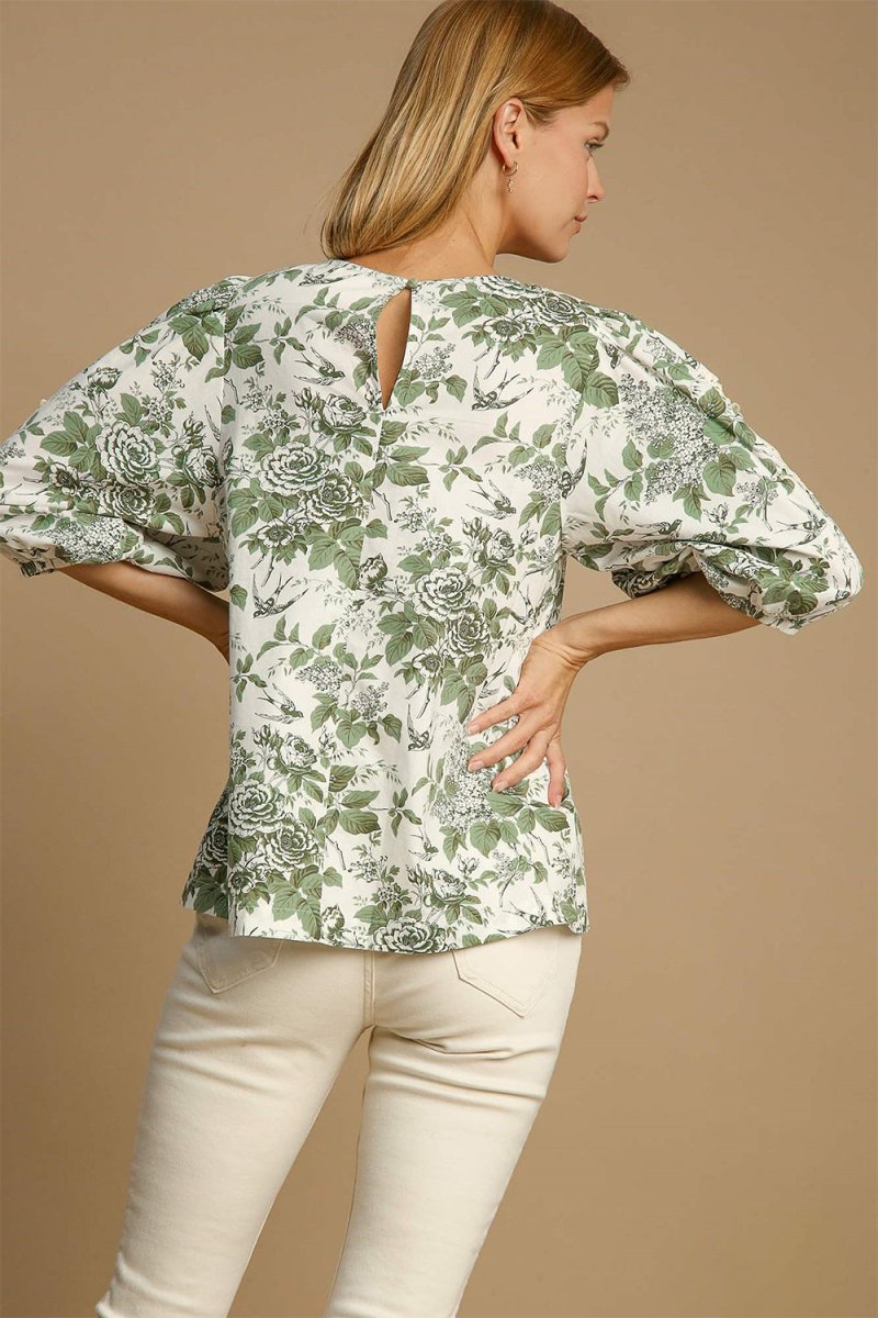 Umgee Floral Pleated Detail Lace Trim Sleeve Blouse for Women - Love Salve