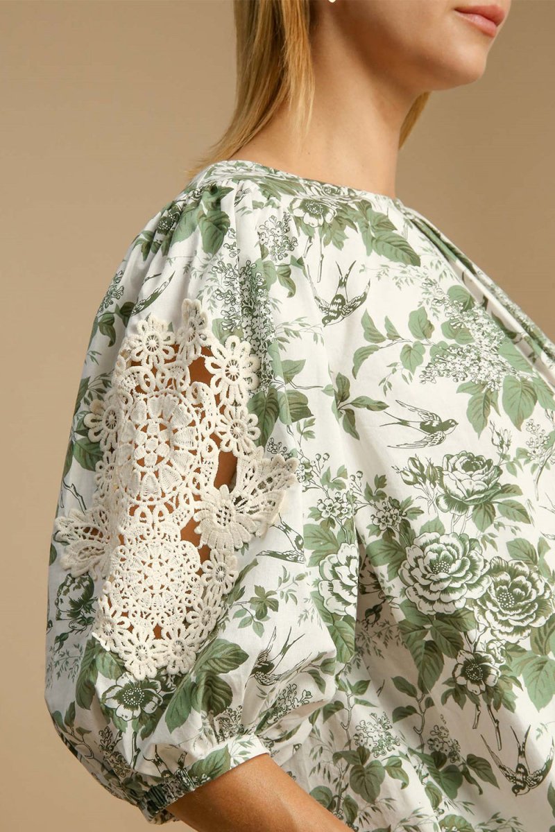 Umgee Floral Pleated Detail Lace Trim Sleeve Blouse for Women - Love Salve