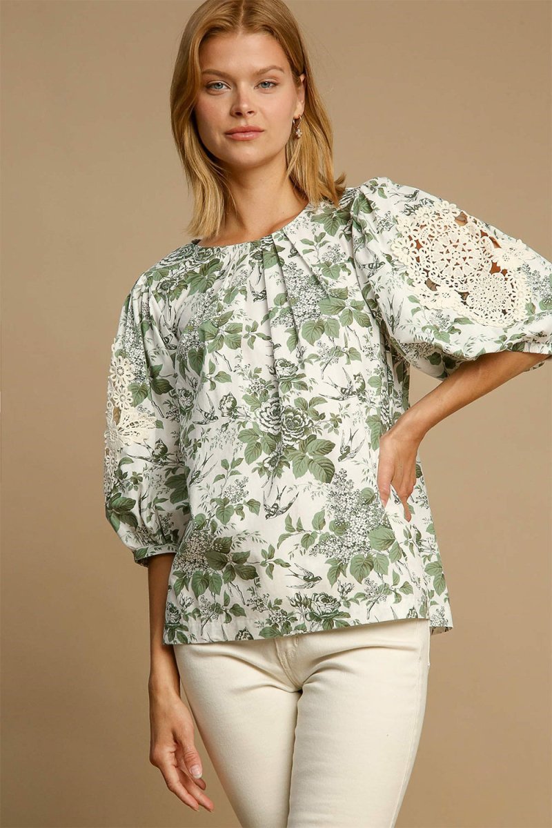 Umgee Floral Pleated Detail Lace Trim Sleeve Blouse for Women - Love Salve