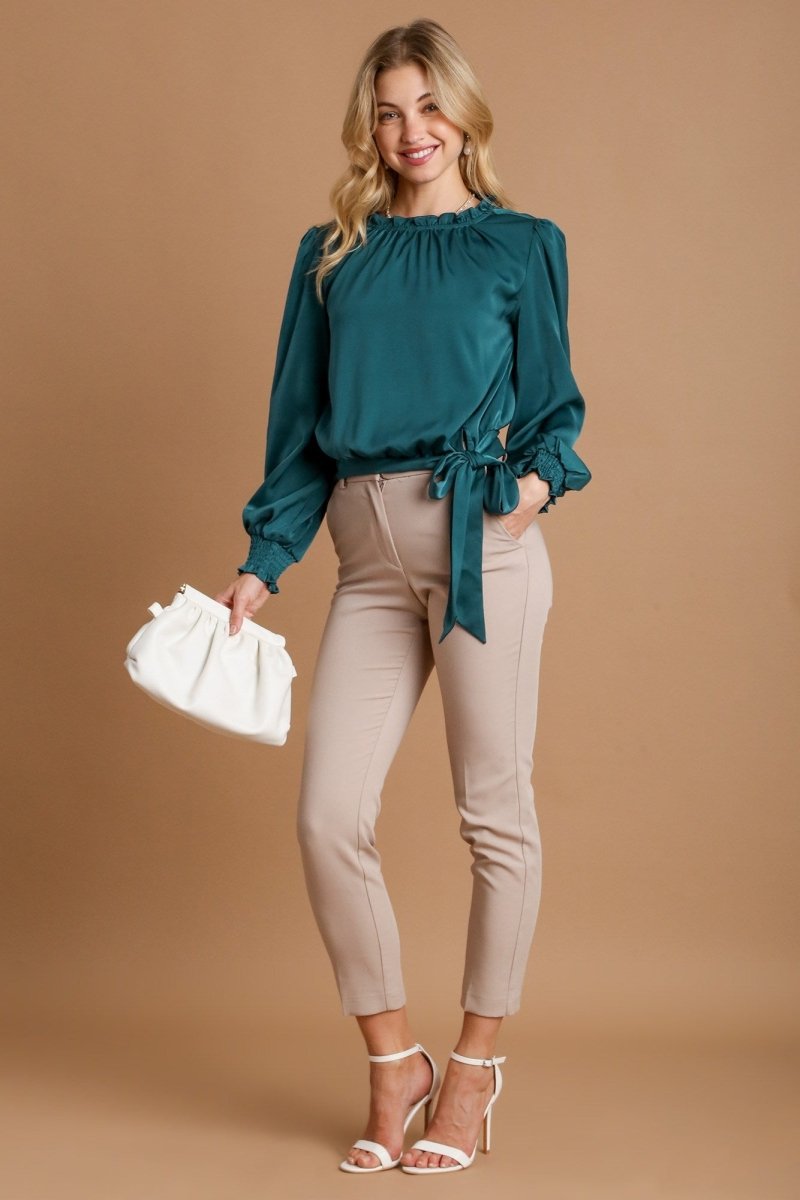 Umgee Frill Tied Hem Long Sleeve Blouse for Women - Love Salve