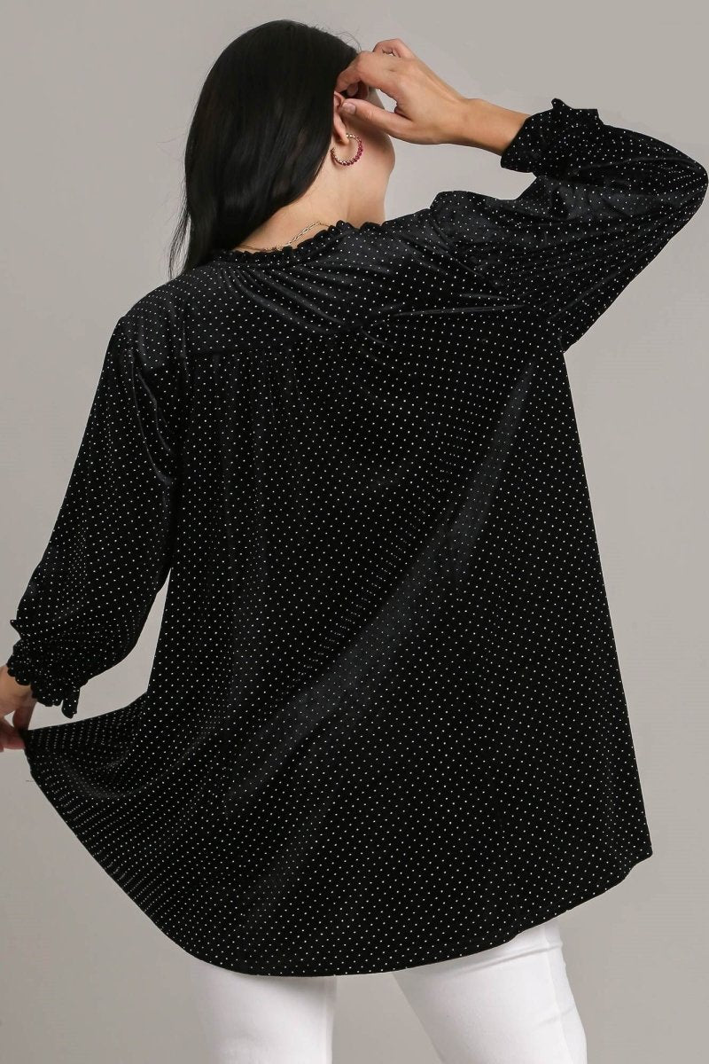 Umgee Full Size Beaded Frill Flounce Sleeve Velvet Blouse - Love Salve