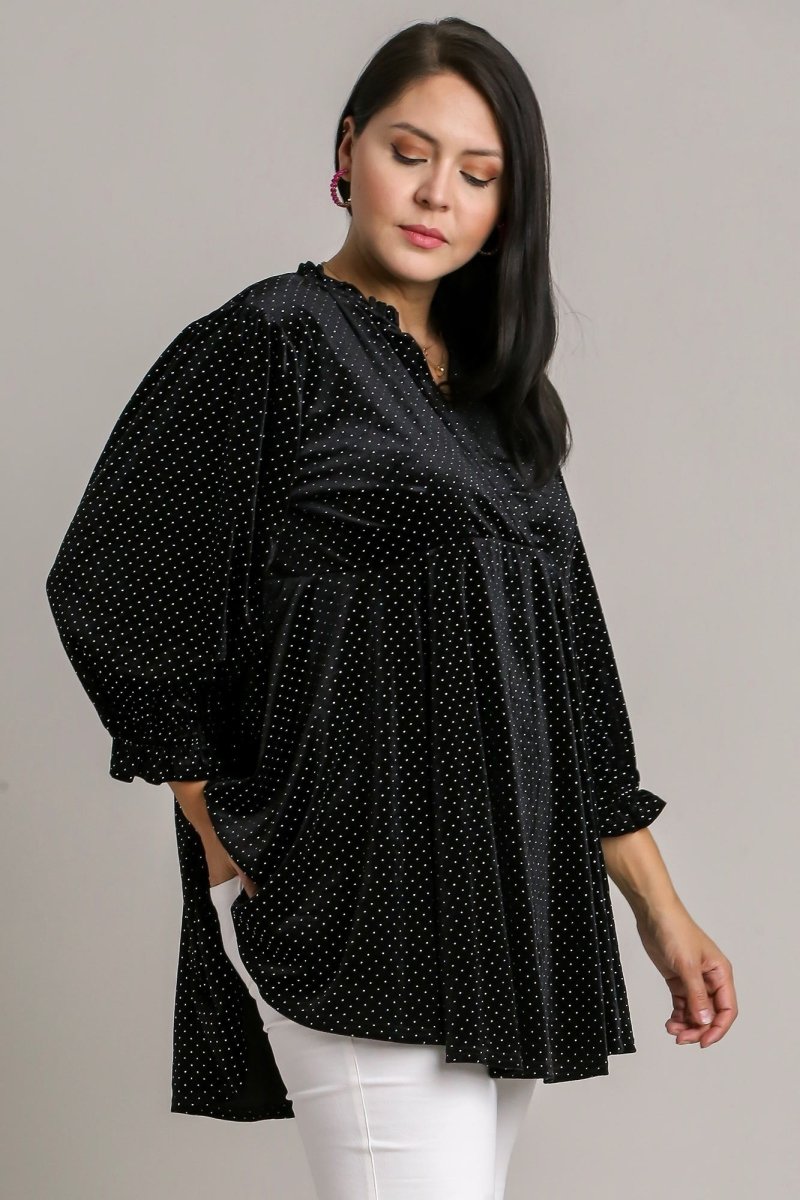 Umgee Full Size Beaded Frill Flounce Sleeve Velvet Blouse - Love Salve