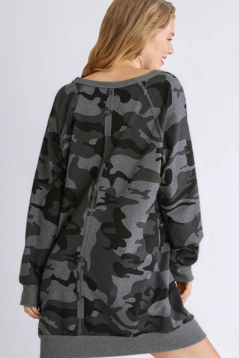 Umgee Full Size Camo Print Ribbed Hem French Terry Mini Dress Plus Size - Love Salve