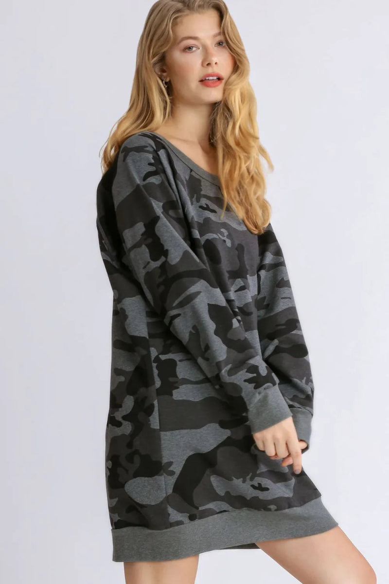 Umgee Full Size Camo Print Ribbed Hem French Terry Mini Dress Plus Size - Love Salve
