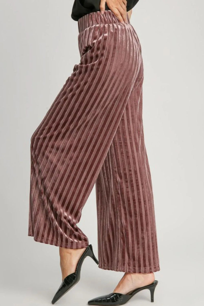 Umgee Full Size Elastic Waist Striped Wide Leg Velvet Pants - Love Salve