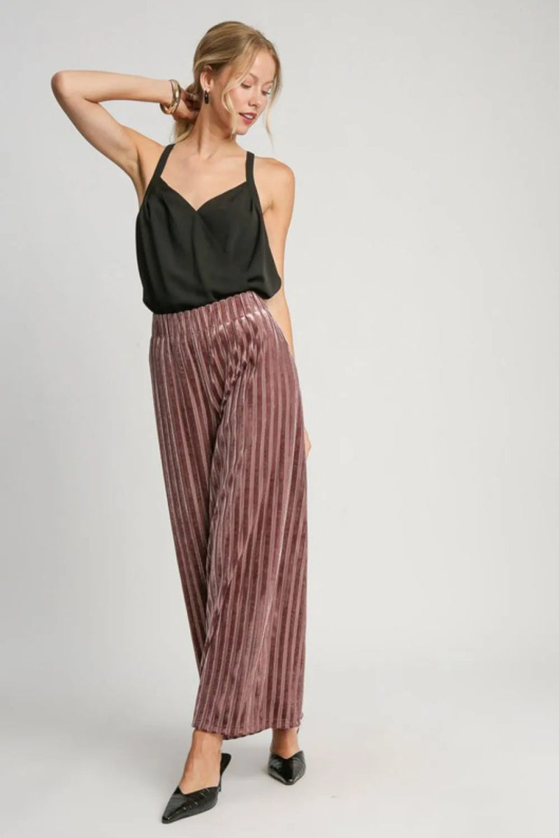 Umgee Full Size Elastic Waist Striped Wide Leg Velvet Pants - Love Salve