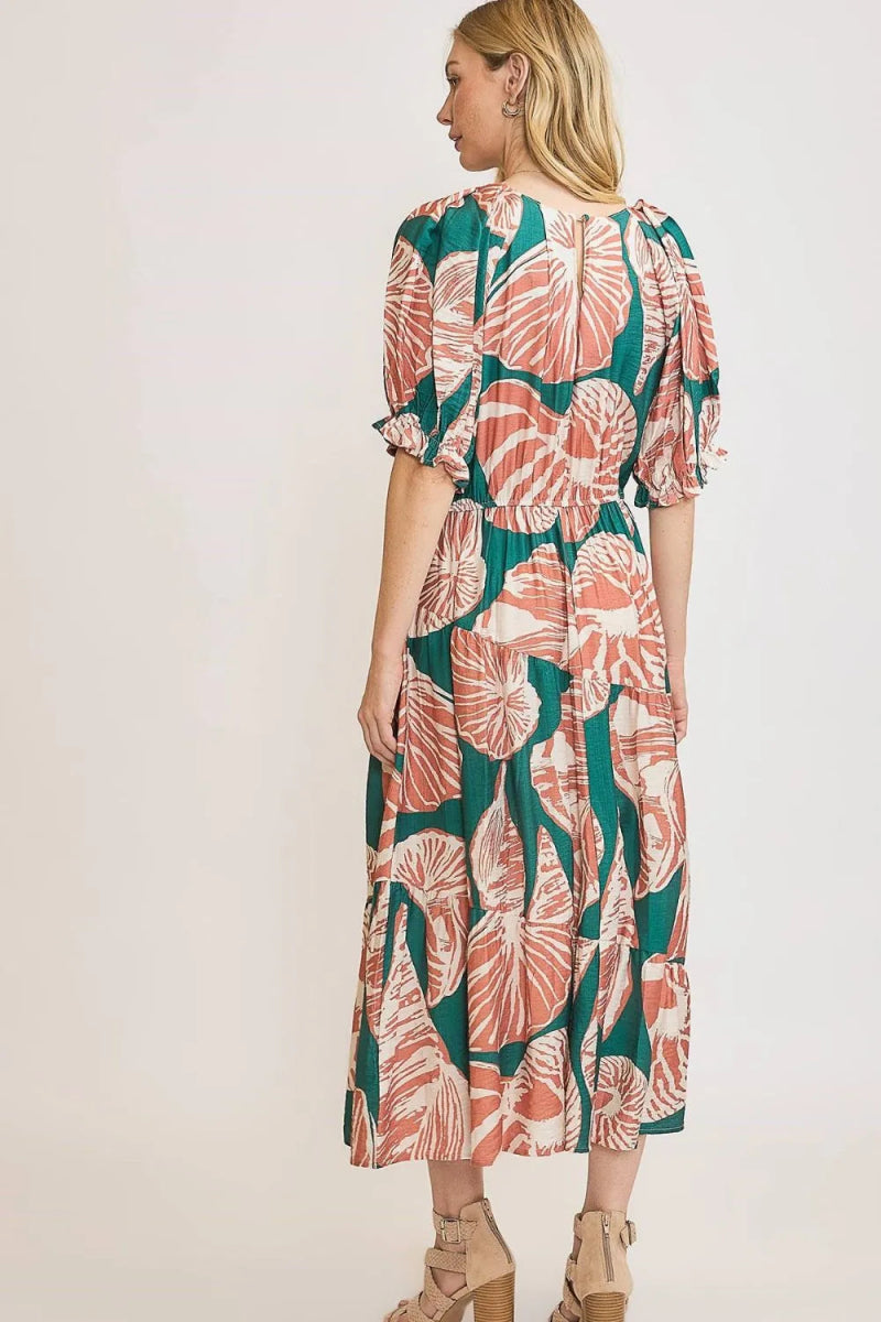 Umgee Full Size Printed Notched Puff Sleeve Midi Dress Plus Size - Love Salve