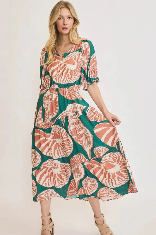 Umgee Full Size Printed Notched Puff Sleeve Midi Dress Plus Size - Love Salve