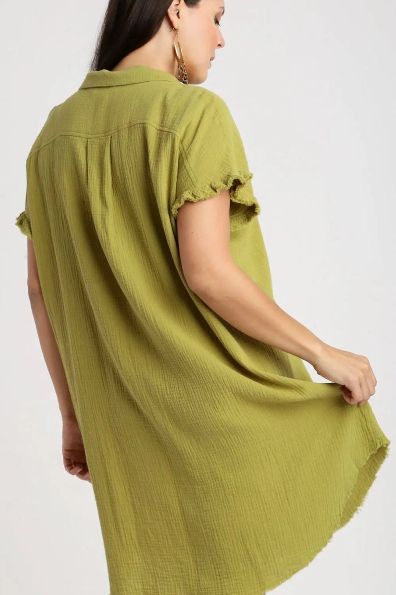 Umgee Full Size Raw Hem Button Down Short Sleeve Gauze Shirt Dress Plus Size - Love Salve